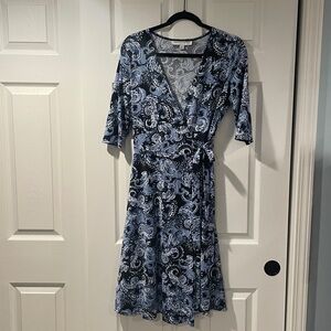 Emma & Michele Black and Light Blue Paisley Wrap Midi Dress